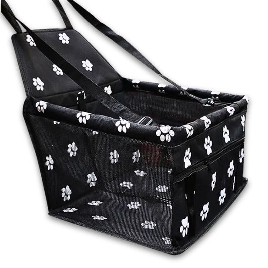 Black pet carrier with white paw prints on a white background