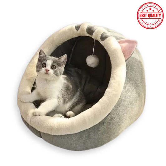 Cat lying in a gray pet bed with a 'Best Quality' stamp on a white background