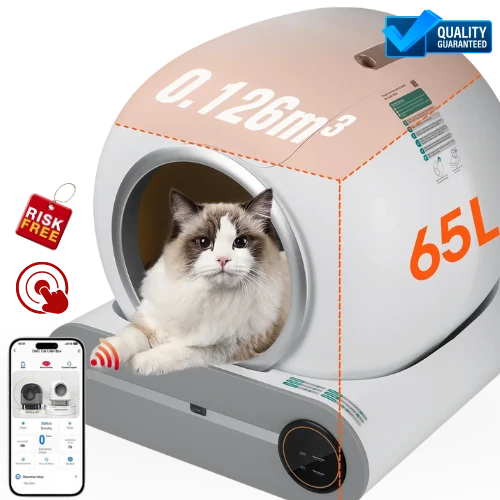 Cat lying inside a cat litter bowith measurement details and smartphone app icon.