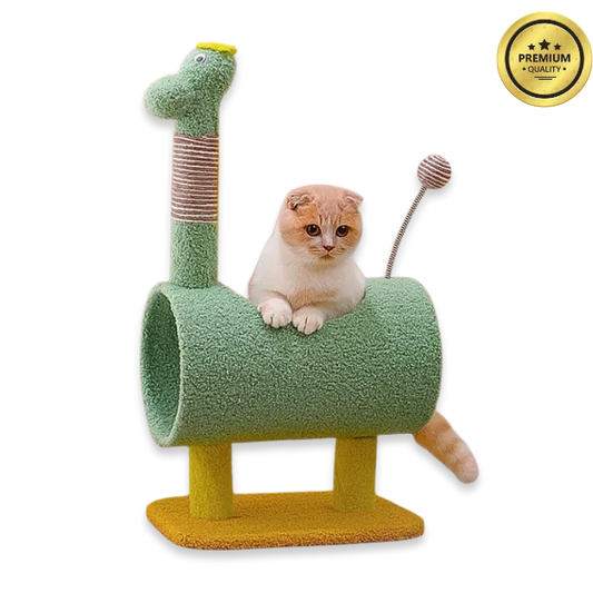Cat lying inside a pet house with measurement details and smartphone app icon.