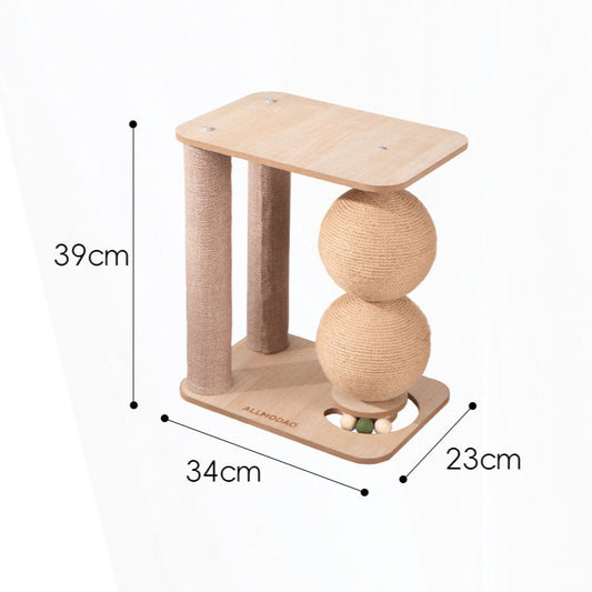 Cat play structure with dimensions labeled on a white background
