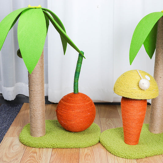 Cat toy set with palm tree, orange ball, and mushroom design on a wooden floor.