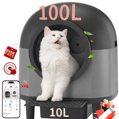 Cat using a self-cleaning litter box with a smartphone app interface displayed.