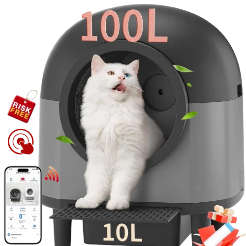 Cat using a self-cleaning litter box with a smartphone app interface displayed.