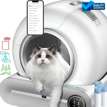Cat using a self-cleaning pet litter box with smartphone app interface and quality guarantee badge.
