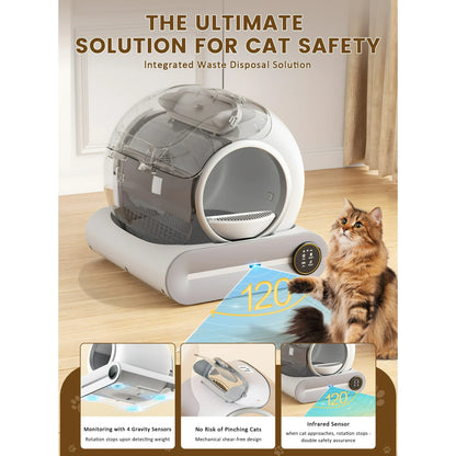 Cat waste disposal system with a cat sitting next to it, featuring text about safety and features.