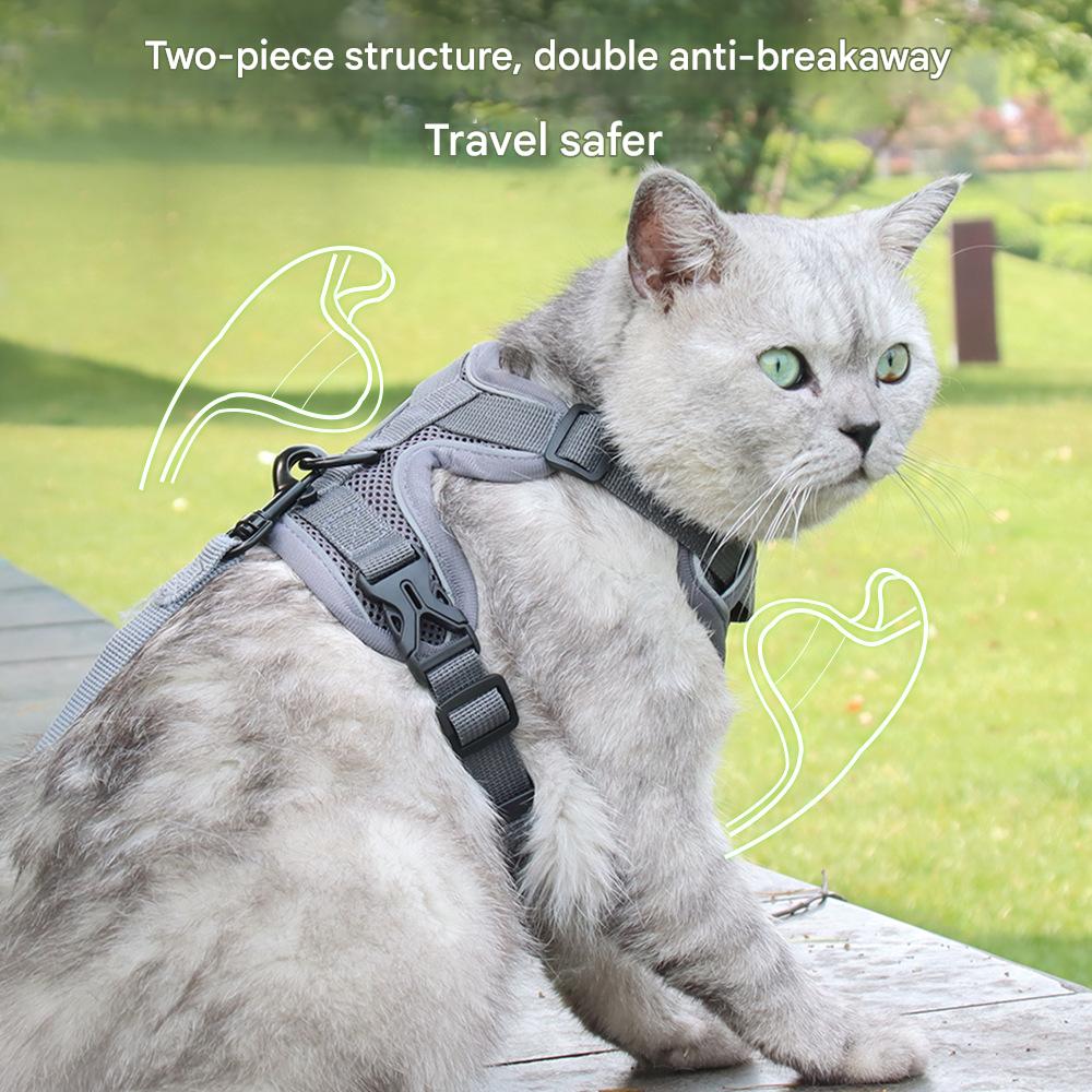 Cat wearing a gray harness with text about safety features, sitting on a wooden deck with a grassy background.