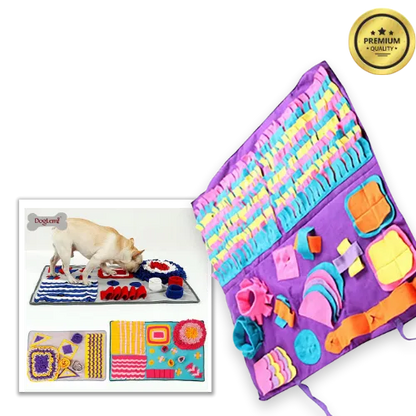 Colorful dog activity mat with various textured shapes and a dog playing on it.