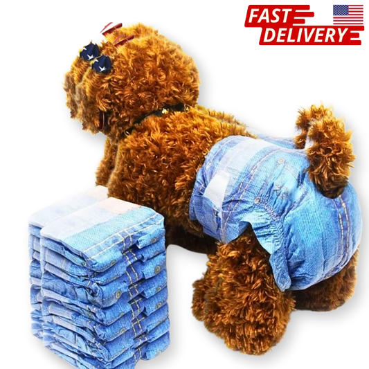 Dog wearing a denim outfit with a stack of similar outfits and fast delivery text.