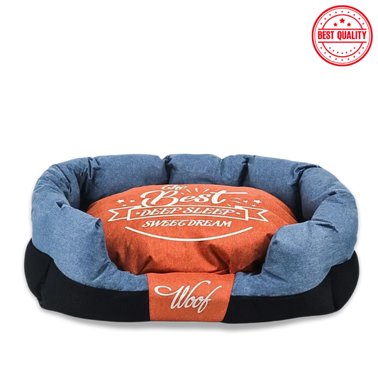 Dog bed with blue and orange design on a white background