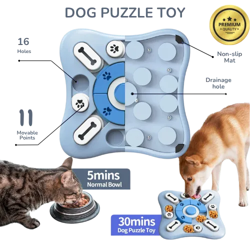 Dog puzzle toy with features highlighted, shown with a dog and cat eating from bowls.