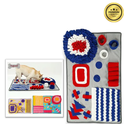 Dog toy mat with colorful geometric patterns and a dog interacting with it.