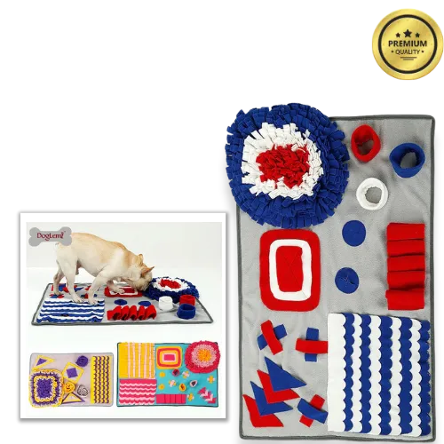Dog toy mat with colorful geometric patterns and a dog interacting with it.
