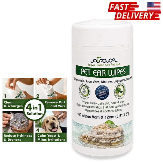 Pet ear wipes container with branding and product features on a white background