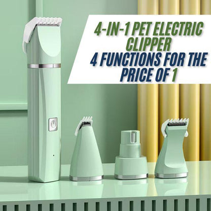 4-in-1 pet electric clipper set with attachments on a light green background