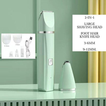 Green grooming device with attachments on a green background