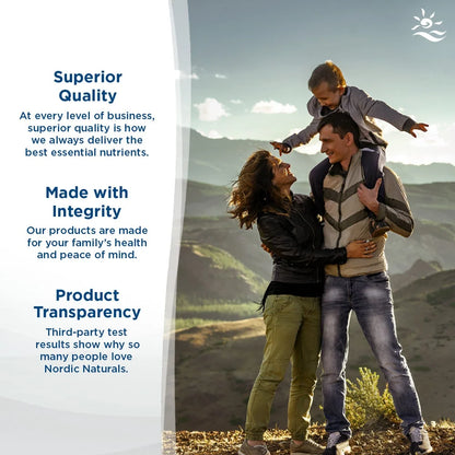 Family enjoying a moment in a scenic outdoor setting with text about product quality, integrity, and transparency.