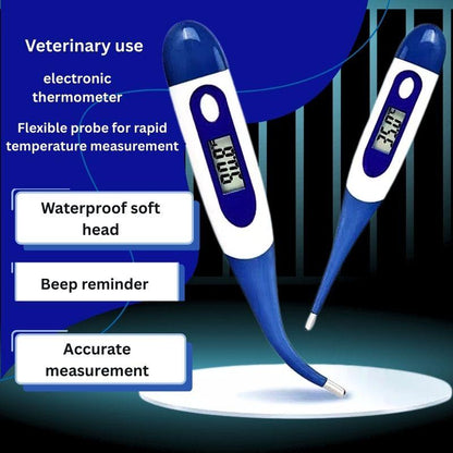Veterinary electronic thermometer with blue and white design on a dark background