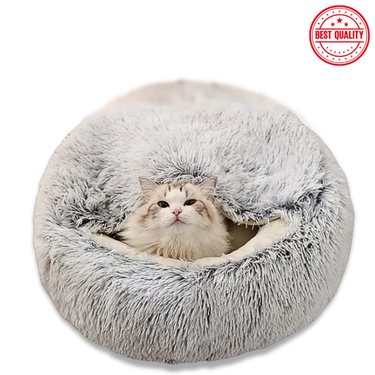 Fluffy gray pet bed with a cat inside on a white background, featuring a 'Best Quality' stamp.