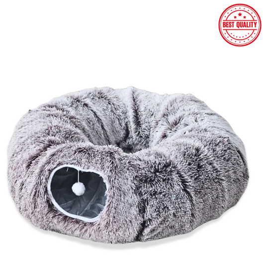 Fluffy gray pet bed with a white ball on a white background, labeled 'Best Quality'.