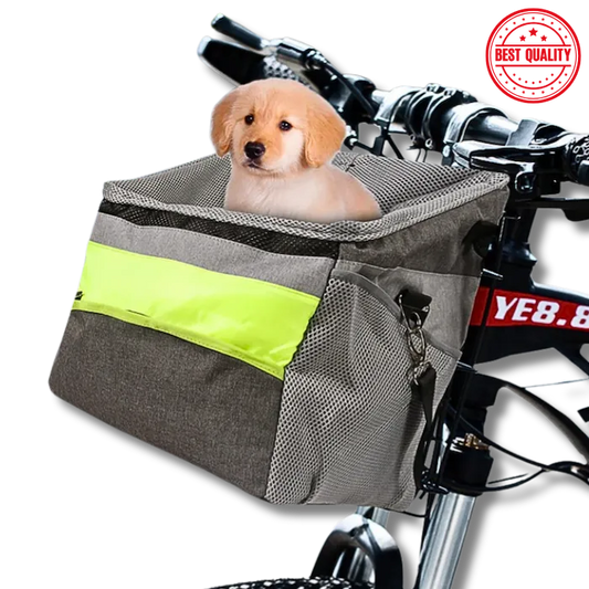 Gray bicycle basket with a yellow puppy inside, attached to a bike with 'YES8' branding.