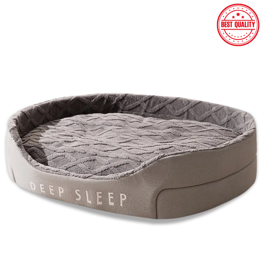 Gray pet bed with 'DEEP SLEEP' text on a white background