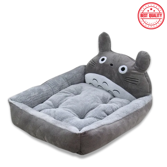 Gray pet bed with cartoon character design on a white background