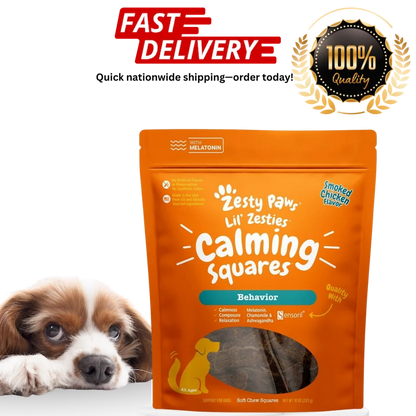 Zesty Paw Lil' Zesties Calming Squares packaging with a puppy and promotional text on a white background