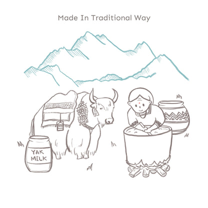 Illustration of a person with a yak and traditional containers with mountains in the background, labeled 'Made In Traditional Way'.