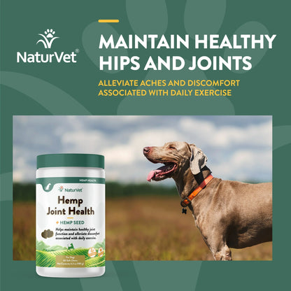NaturVet Hemp Joint Health supplement with a dog in a field on a green background