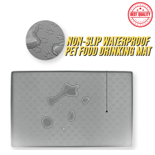 Gray pet food drinking mat with water droplets and paw prints, labeled 'Non-Slip Waterproof Pet Food Drinking Mat'.