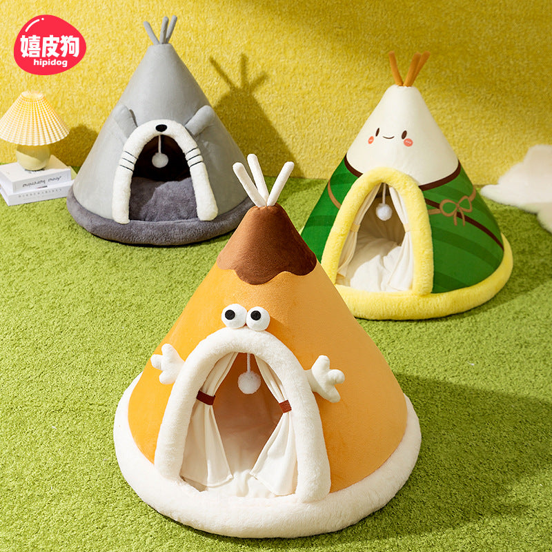 🏕️ Cozy Tent Cat &amp; Dog Bed – Warm Yurt-Style Triangle Pet Bed for Autumn &amp; Winter | Soft, Enclosed Nest for Cats &amp; Small Dogs