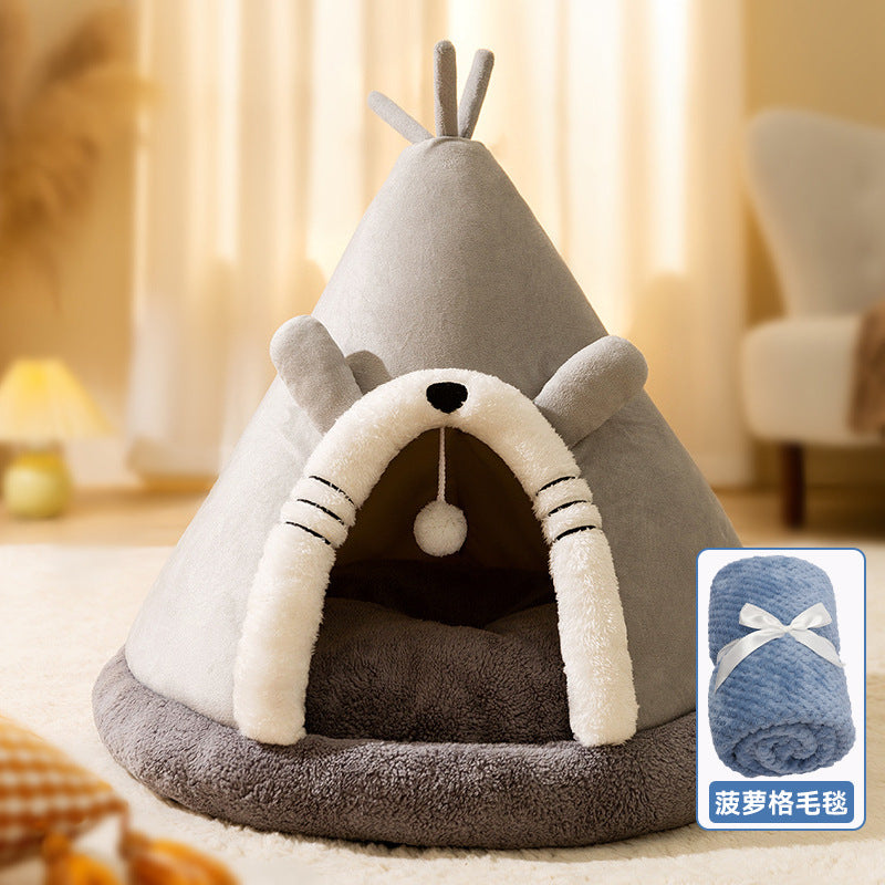 🏕️ Cozy Tent Cat &amp; Dog Bed – Warm Yurt-Style Triangle Pet Bed for Autumn &amp; Winter | Soft, Enclosed Nest for Cats &amp; Small Dogs