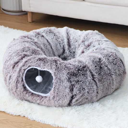 🐾 Plush Tunnel Cat Bed – Double-Layer Round Pet Bed for Winter | Detachable, Soft &amp; Spacious Indoor Nest for Cats and Small Dogs