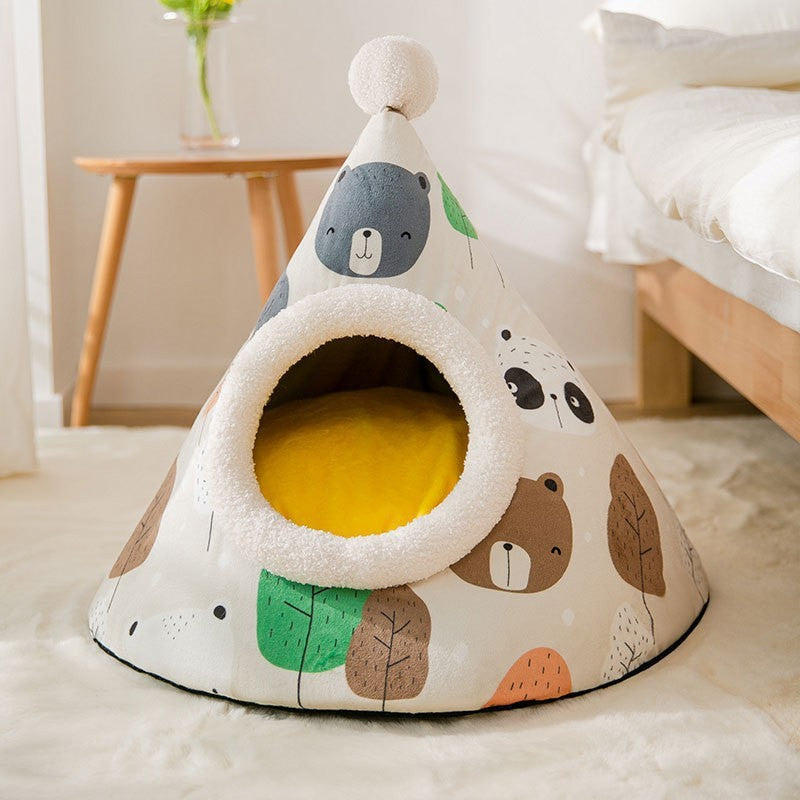🏕️ Cozy Tent Cat &amp; Dog Bed – Warm Yurt-Style Triangle Pet Bed for Autumn &amp; Winter | Soft, Enclosed Nest for Cats &amp; Small Dogs
