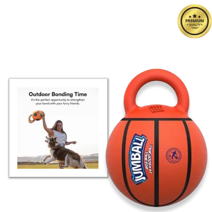 Orange Jumball dog toy with a handle and promotional text on a white background