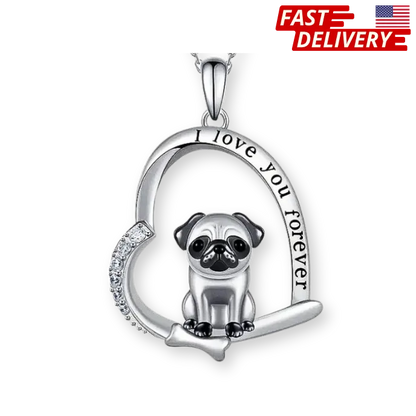 Silver pendant with a pug design and 'I love you forever' text on a white background.