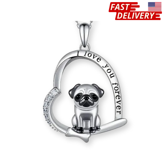 Silver pendant with a pug design and 'I love you forever' text on a white background.