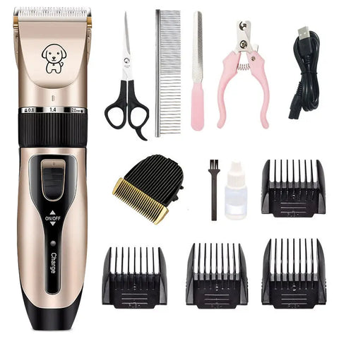 Pawvortex pet grooming package layout with cordless trimmer, steel thinning shears, file, comb, and clipper oil.