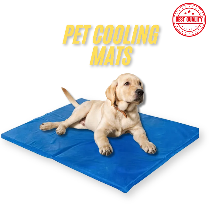 Dog lying on a blue pet cooling mat with 'Best Quality' stamp.