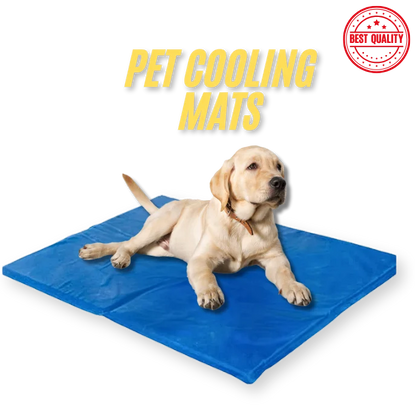 Dog lying on a blue pet cooling mat with 'Best Quality' stamp.