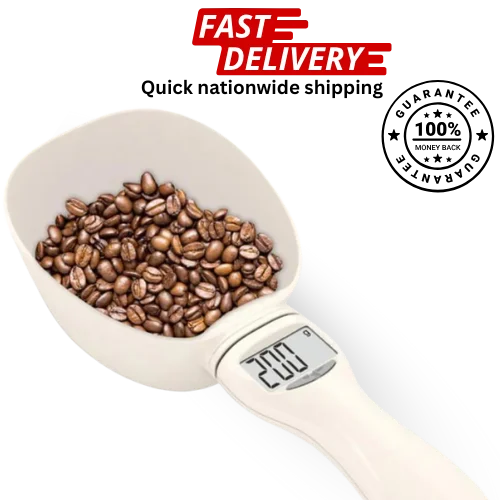 Digital measuring spoon for pets, 'Fast Delivery' text on a white background