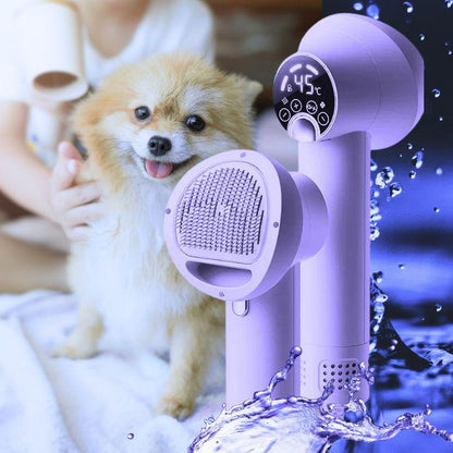 Pet hair dryer with a dog being dried, surrounded by water droplets.