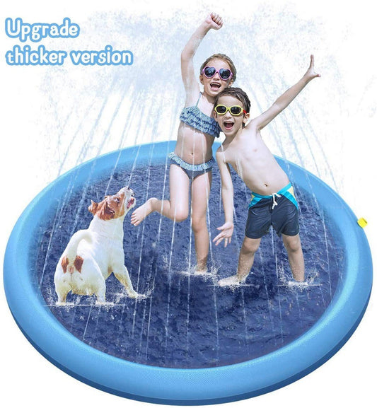 A dual-purpose water spray mat for pets and children, featuring a circular blue mat with water spraying from the center, with a dog and a cat playing on it.