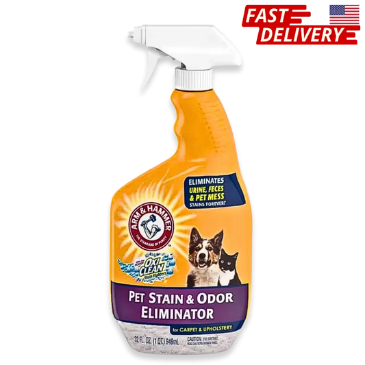 Arm & Hammer pet stain and odor eliminator spray bottle with a white background