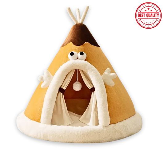 Pet bed designed like a teepee with decorative elements on a white background