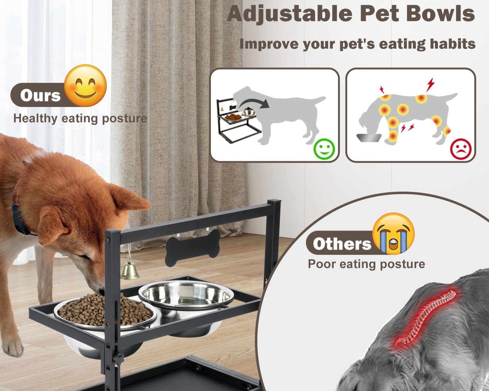Pet feeding station with adjustable bowls and a dog eating, showing healthy vs poor eating posture.