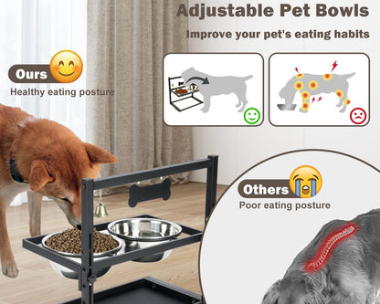 Pet feeding station with adjustable bowls and a dog eating, showing healthy vs poor eating posture.