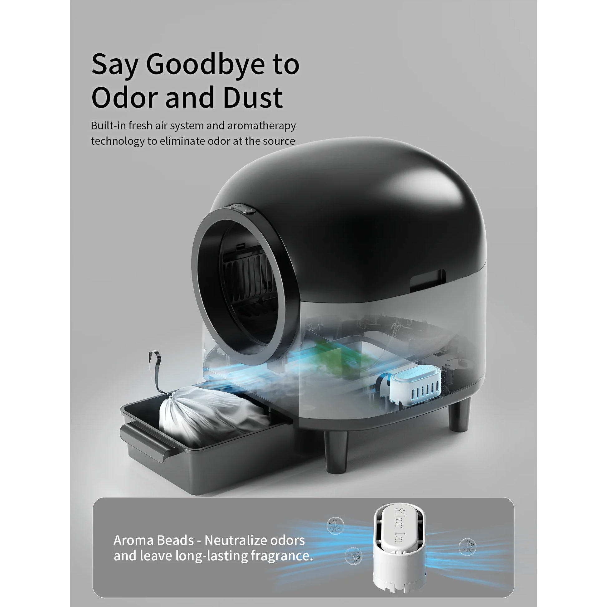Pet odor eliminator with text on a gray background