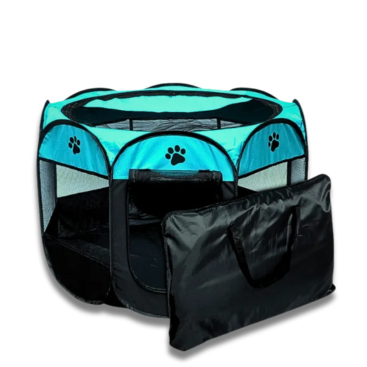 Pet playpen with black carrying bag on a white background